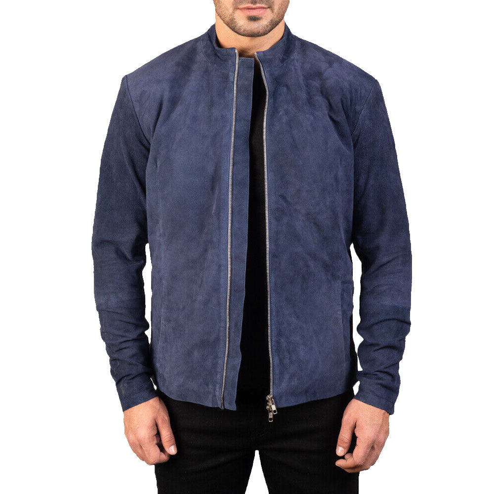 Men's Navy Blue Suede Biker Jacket