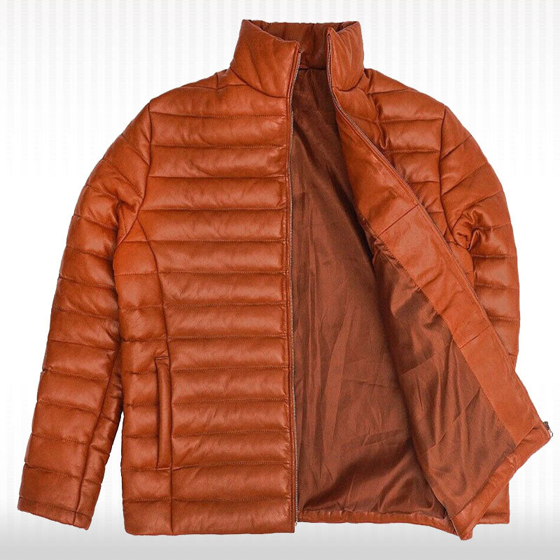 Men's New Fully Quilted Lambskin Leather Puffer Jacket