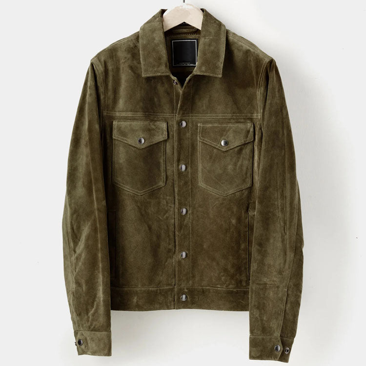 Men's Olive Suede Leather Snap Shirt Jacket