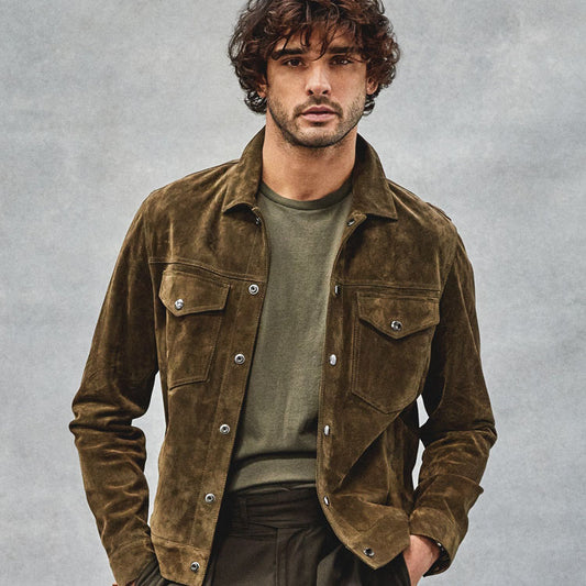 Men's Olive Suede Leather Snap Shirt Jacket Men's Olive Suede Leather Snap Shirt Jacket