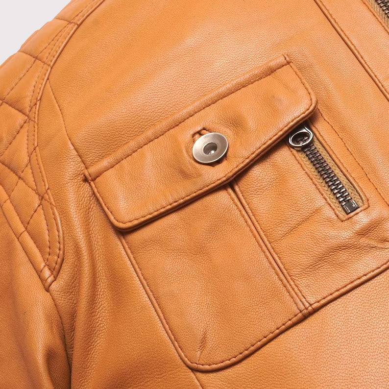 Men's Orange Lamb Leather Biker Jacket