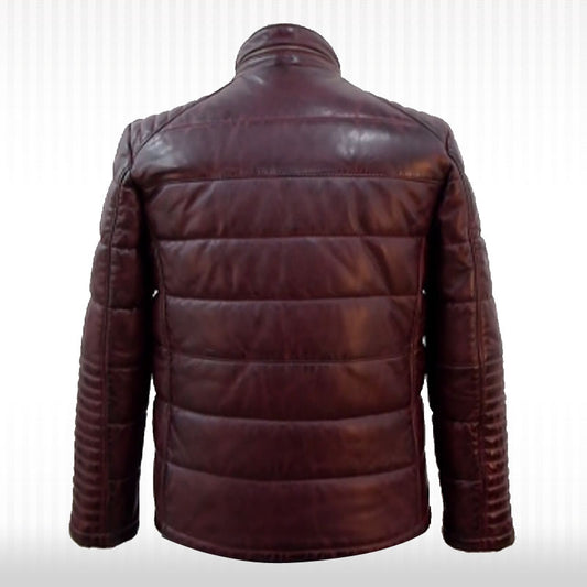 Men's Oxblood Real Leather Puffer Jacket - Casual Sport Fully Quilted Style