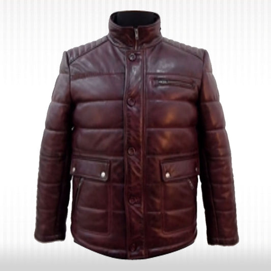 Men's Oxblood Real Leather Puffer Jacket - Casual Sport Fully Quilted Style Men's Oxblood Real Leather Puffer Jacket - Casual Sport Fully Quilted Style