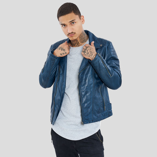 Men's Petrol Blue Genuine Sheep Leather Biker Jacket