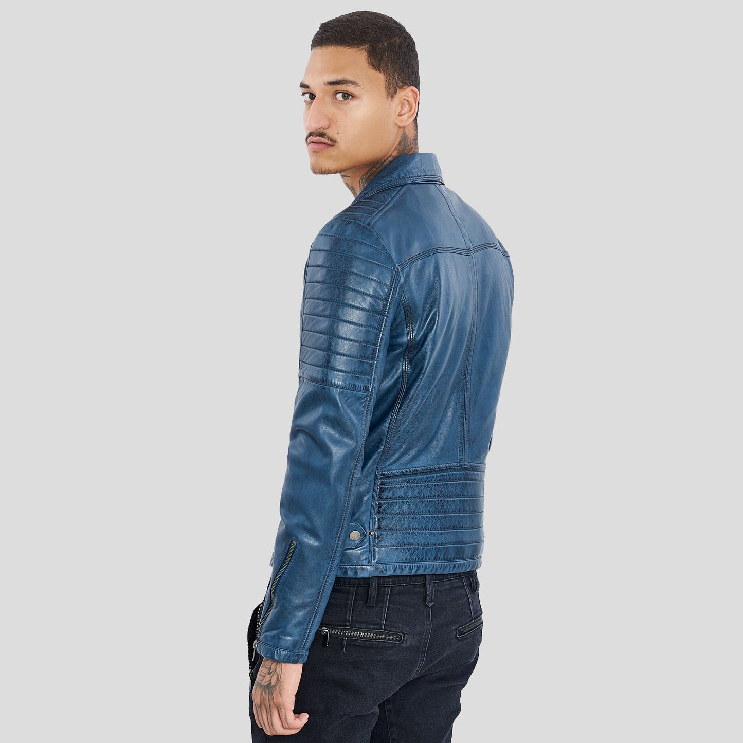 Men's Petrol Blue Genuine Sheep Leather Biker Jacket