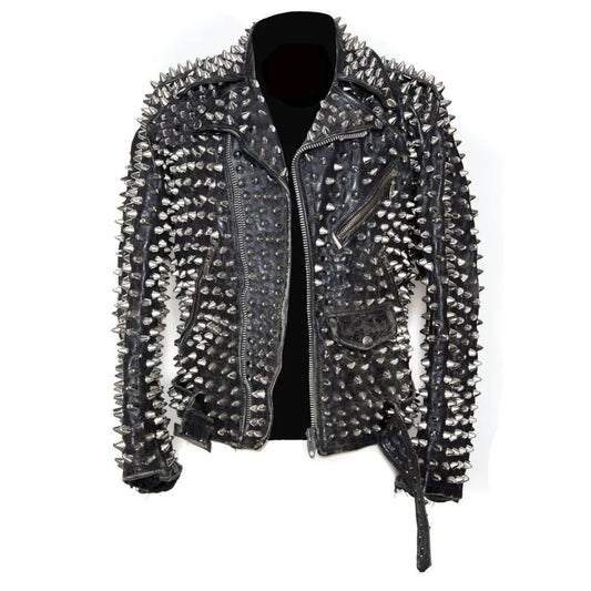 Men's Punk Metal Button Spiked Studded Leather Jacket