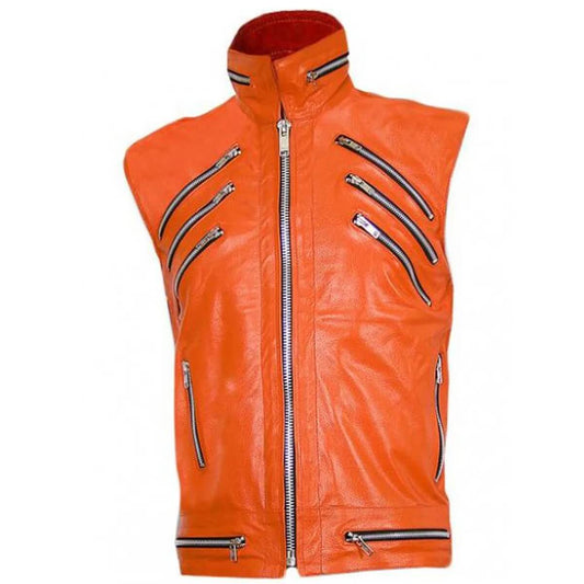 Men's Punk Fashion Orange Zipper Leather Vest Men's Punk Fashion Orange Leather Vest