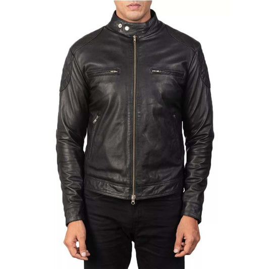 Men's Genuine Quilted Black Leather Cafe Racer Biker Jacket Men's Quilted Black Leather Cafe Racer Jacket