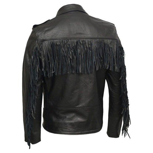 Men's Real Leather Brando Fringe Black Casual Biker Jacket