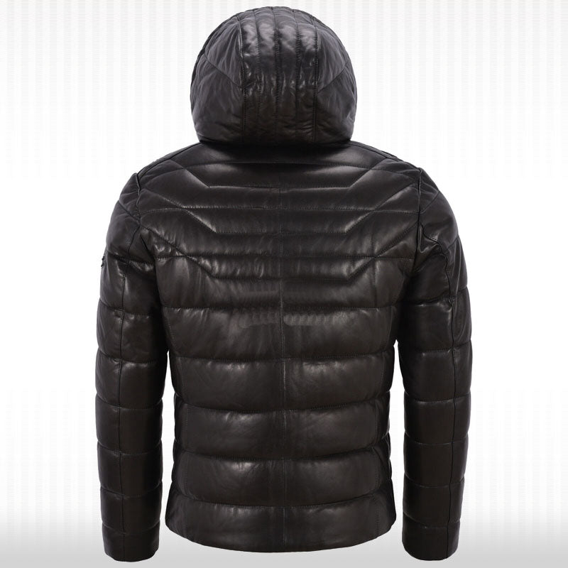 Men's Real Leather Puffer Hooded Jacket - Fully Quilted Black Hoodie