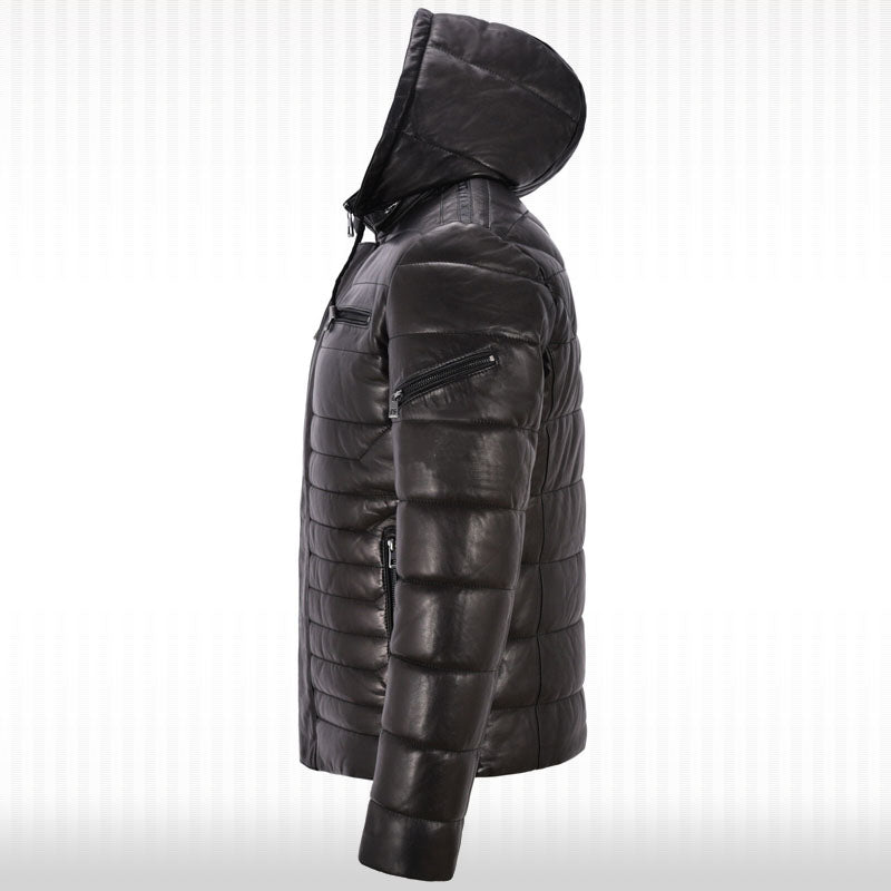 Men's Real Leather Puffer Hooded Jacket - Fully Quilted Black Hoodie