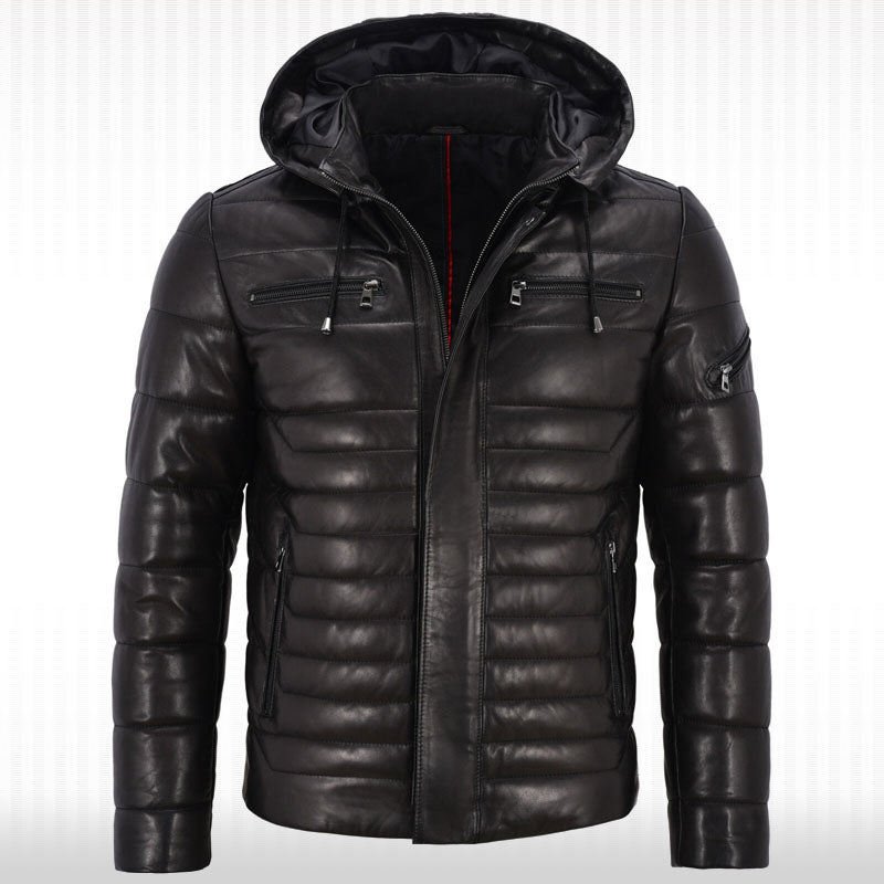 Men's Real Leather Puffer Hooded Jacket - Fully Quilted Black Hoodie