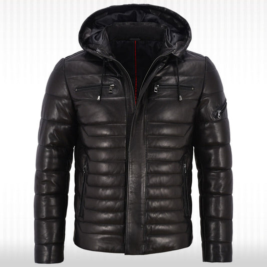 Men's Real Leather Puffer Hooded Jacket - Fully Quilted Black Hoodie Men's Real Leather Puffer Hooded Jacket - Fully Quilted Black Hoodie