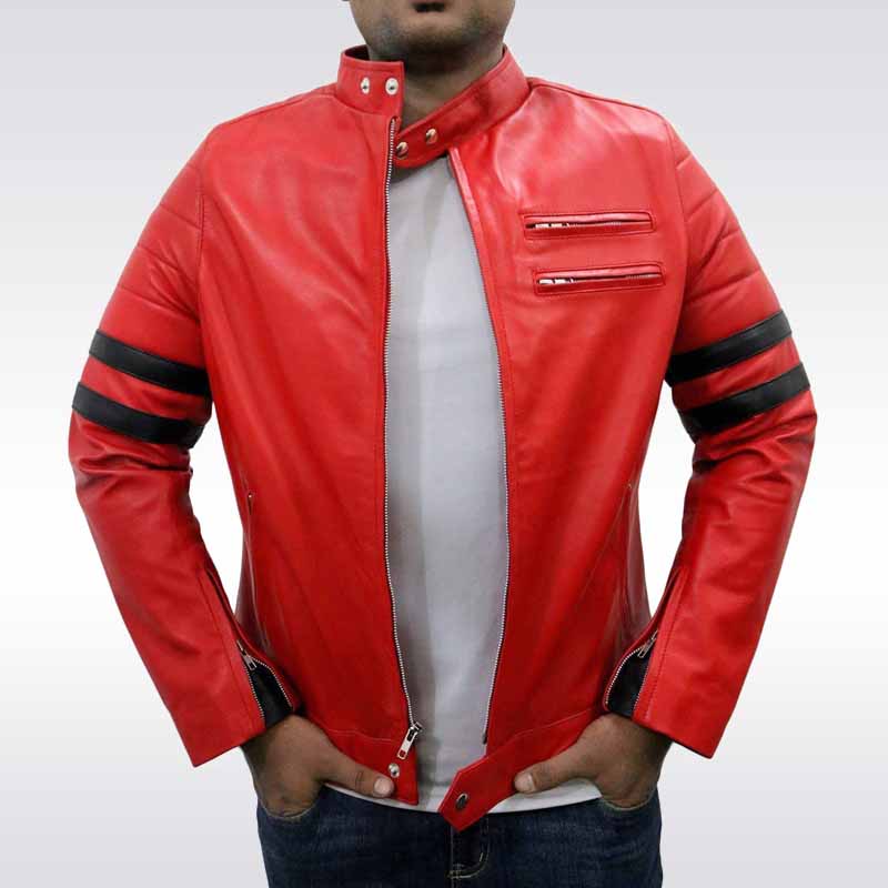 Men's Red Leather Biker Jacket with Black Stripes