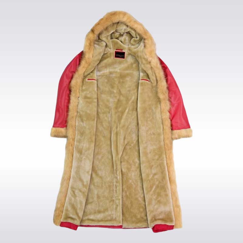 Men’s Red Leather Christmas Coat with Fur Hood
