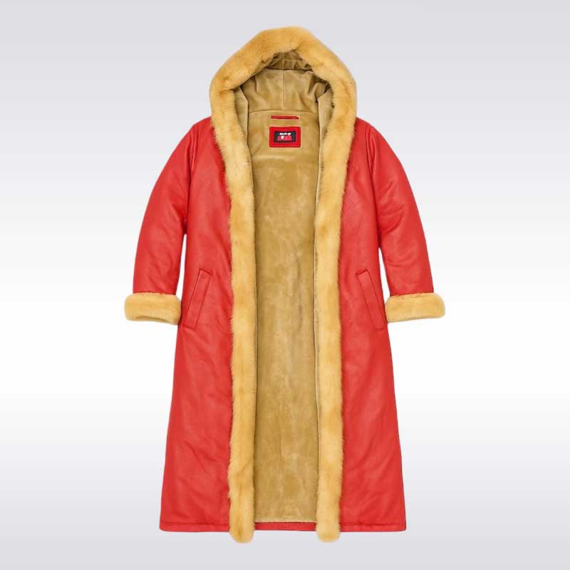 Men’s Red Leather Christmas Coat with Fur Hood