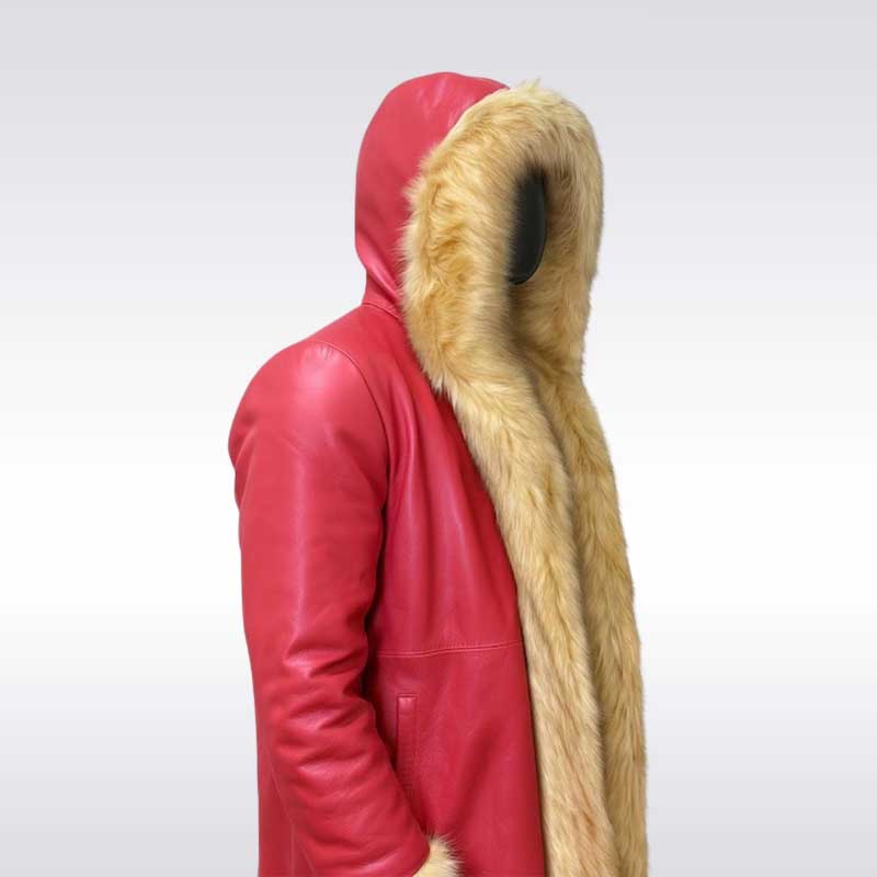 Men’s Red Leather Christmas Coat with Fur Hood
