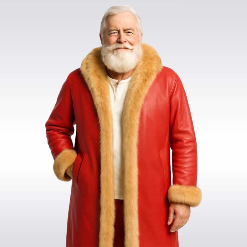 Men’s Red Leather Christmas Coat with Fur Hood