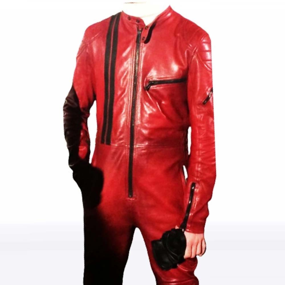 Men's Red Racing Real Sheepskin Leather Jumpsuit