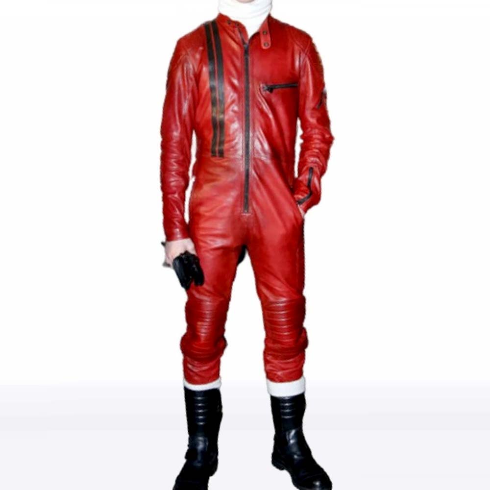 Men's Red Racing Real Sheepskin Leather Jumpsuit