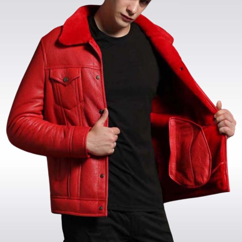 Men’s Red Shearling Trucker Leather Jacket