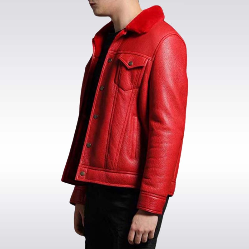 Men’s Red Shearling Trucker Leather Jacket