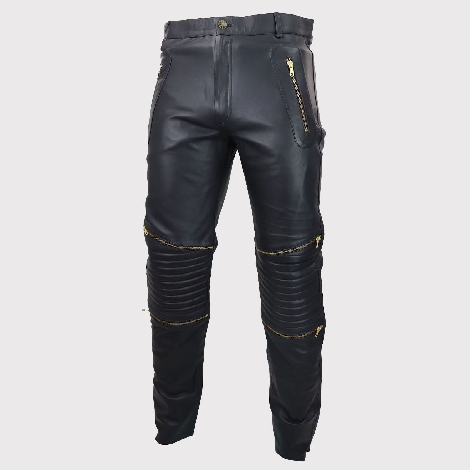Men's Retro Classic Vintage Black Leather Jeans with Gold Zips - Goth Punk Style
