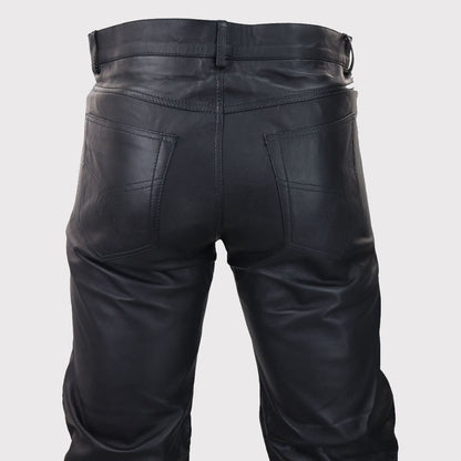 Men's Retro Classic Vintage Black Leather Jeans with Gold Zips - Goth Punk Style