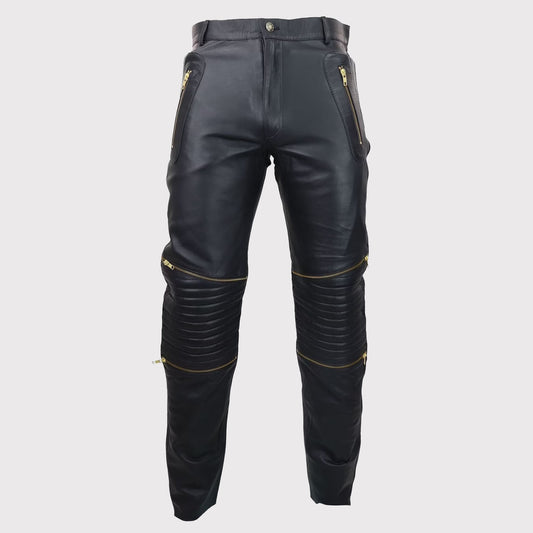 Men's Retro Black Leather Jeans with Gold Zips