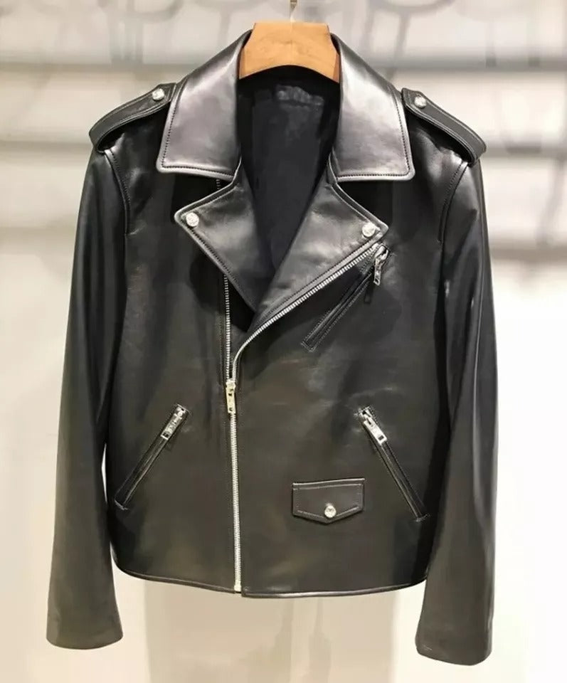 Men's Rhinestone Skull Leather Biker Jacket