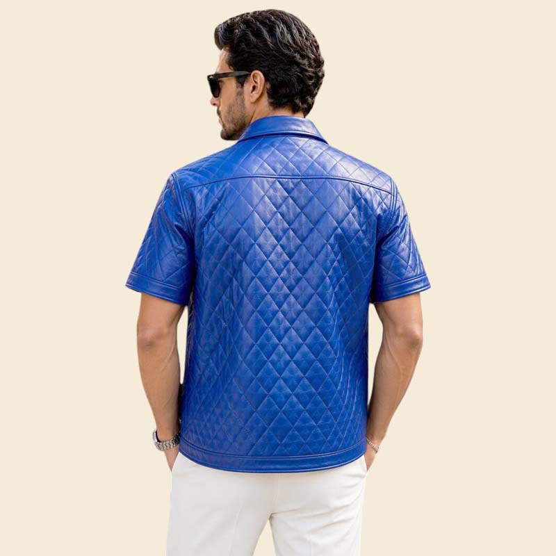 Best stylish quilted leather shirt jacket for men in royal blue by Jackets Kingdom