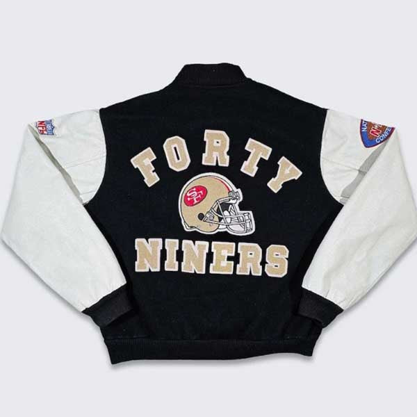 Mens San Francisco 49ers 80s Black Wool Varsity Jacket White Leather Sleeves