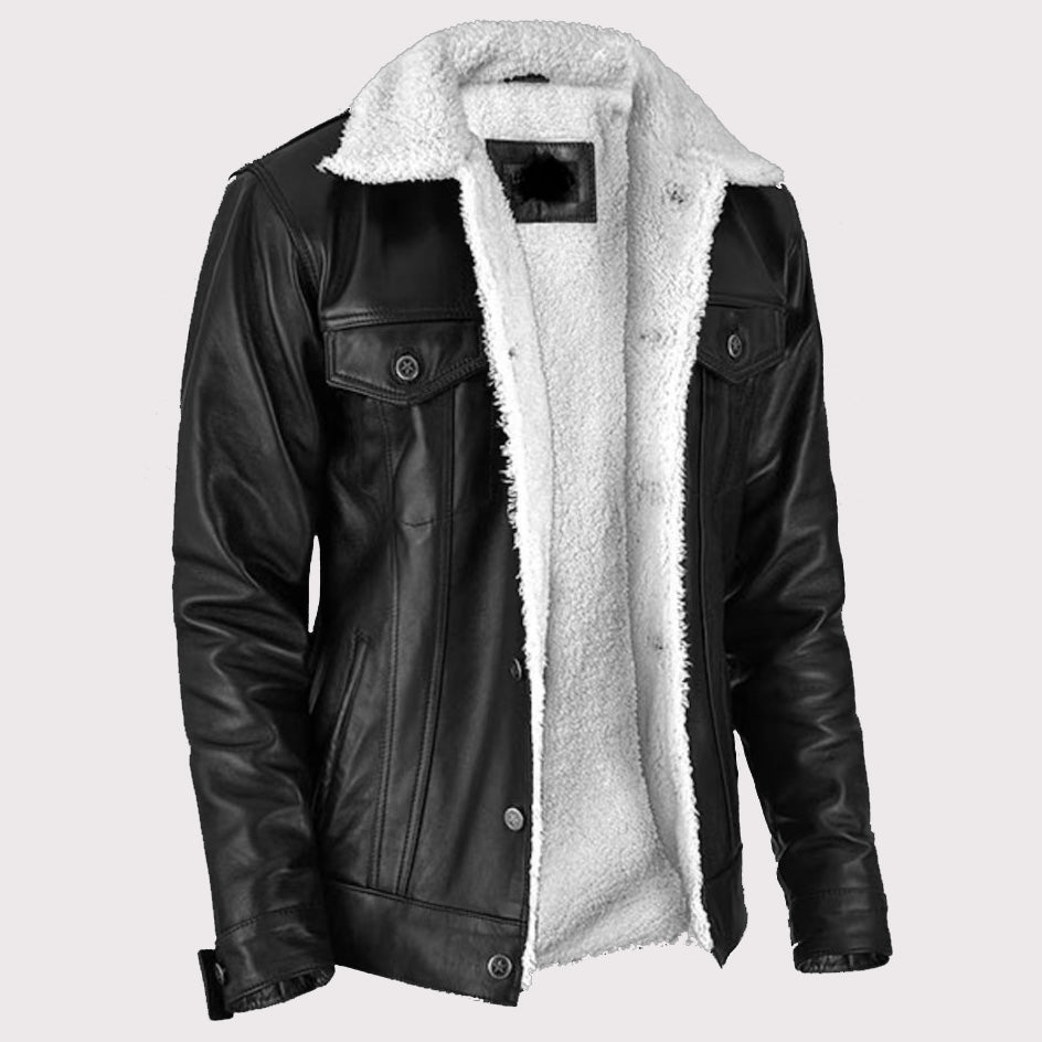 Men's Shearling Leather Aviator Jacket in Black