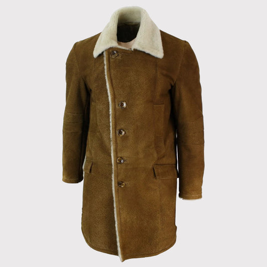 Men's Shearling Sheepskin Tan Brown Overcoat