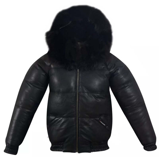 Men's Puffer Bomber Sheepskin Leather Jacket with Removable Raccoon Fur Collar & Hood Men’s Sheepskin Leather Puffer Bomber Jacket