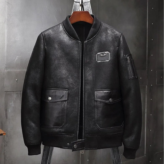Men's Sheepskin Shearling Motorcycle Jacket - A2 Airforce Flight Style