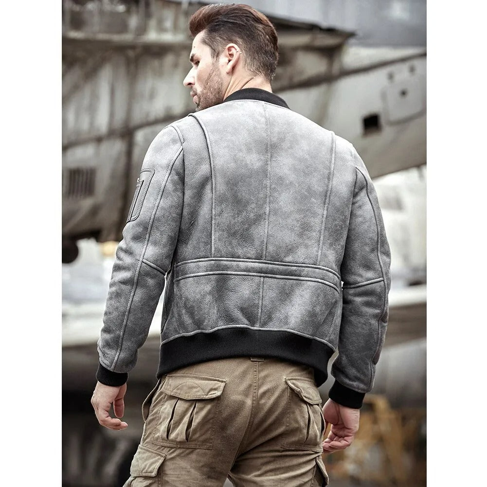 Men's Sheepskin Shearling Motorcycle Jacket - A2 Airforce Flight Style