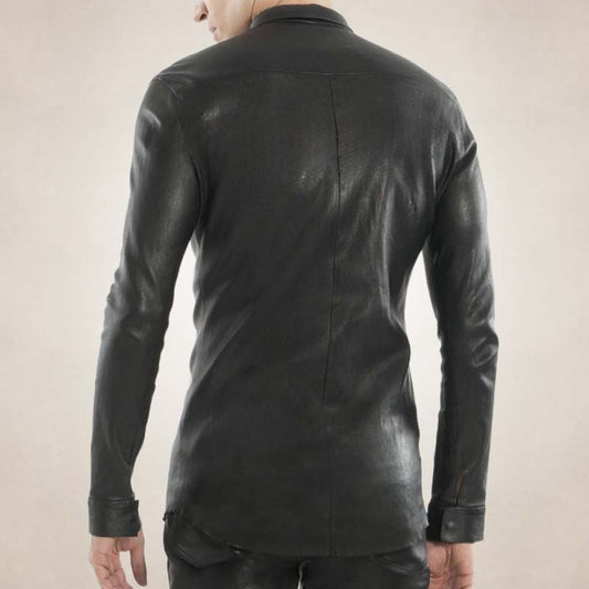 Men's Slim Fit Black Leather Shirt