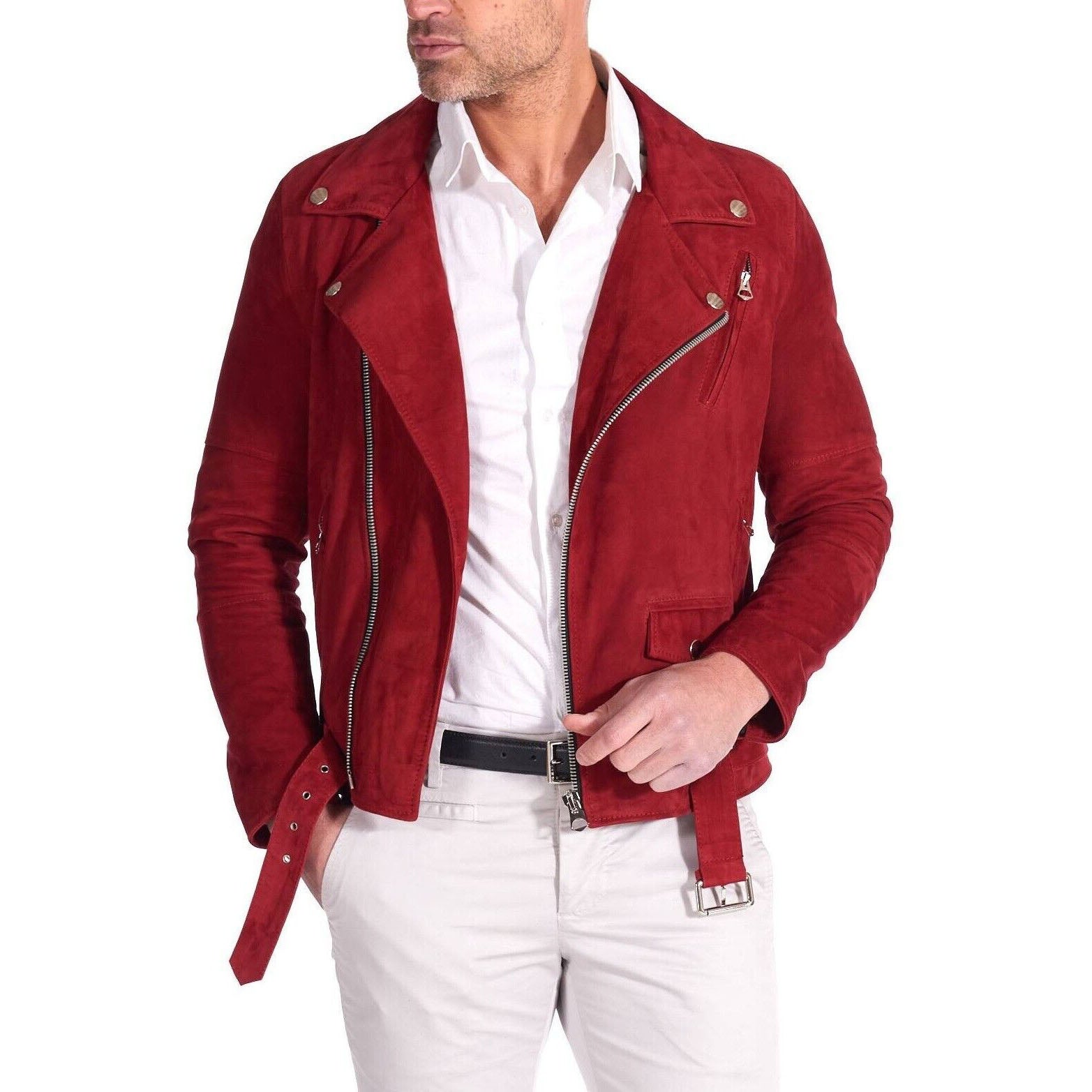 Men's Slim Fit Red Suede Leather Motorcycle Biker Jacket