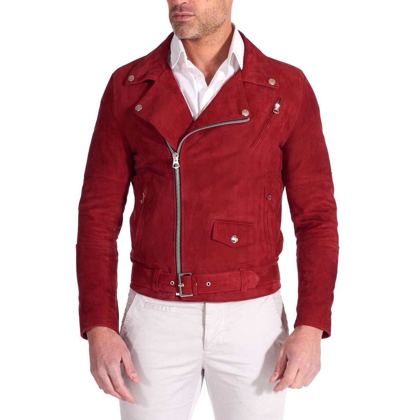 Men's Slim Fit Red Suede Leather Motorcycle Biker Jacket