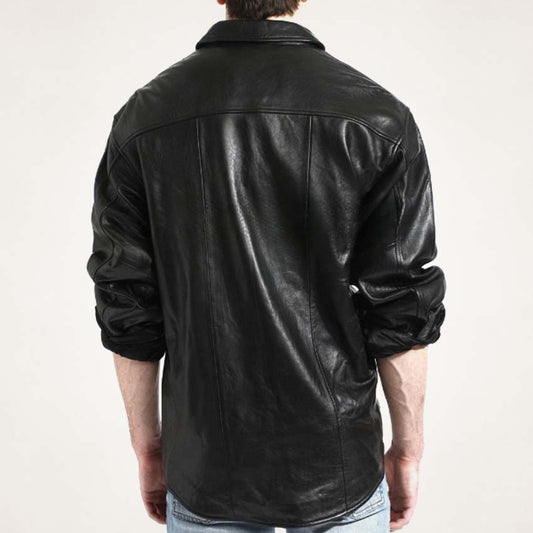 Men's Stylish Black Leather Button-Up Shirt