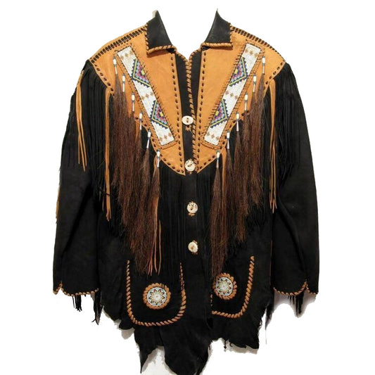 Men's Suede Leather Cowboy Coat with Fringes and Beads