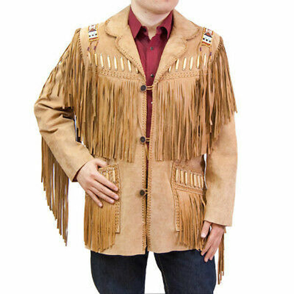 Men's Suede Leather Cowboy Jacket | Fringed & Beaded Western Coat