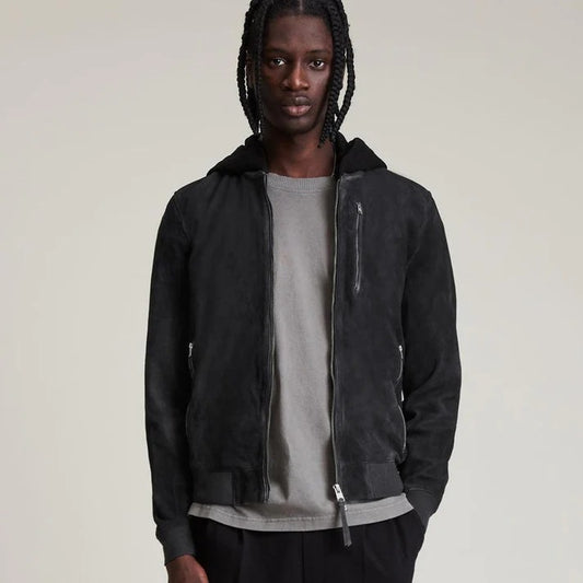 Men's Suede Leather Hooded Bomber Jacket Men's Suede Leather Hooded Bomber Jacket