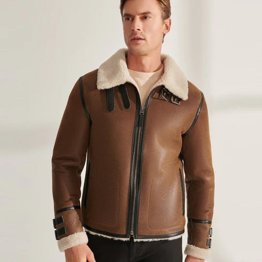 Men's B3 RAF Tan Brown Shearling Aviator Leather Jacket Men's Tan Brown B3 Shearling Aviator Jacket