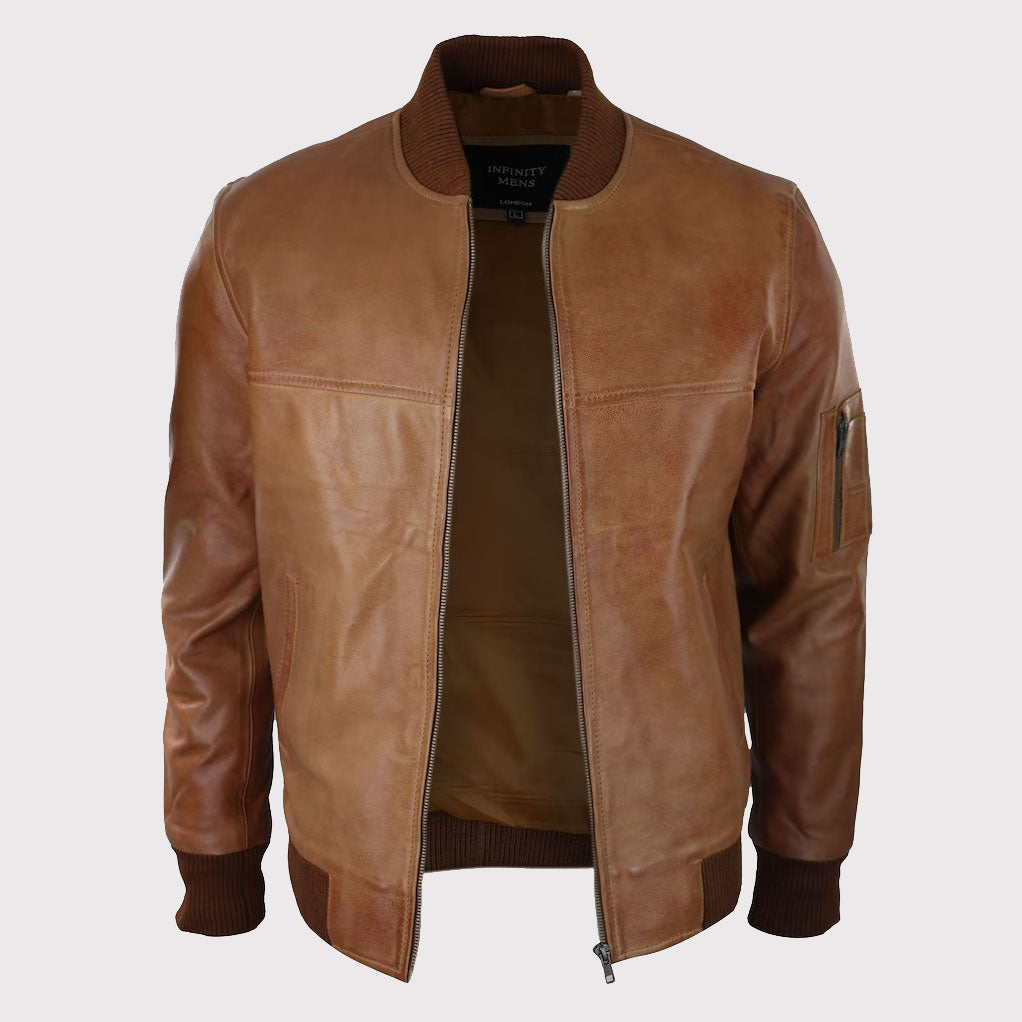 Men's Tan Brown Genuine Leather Bomber Jacket