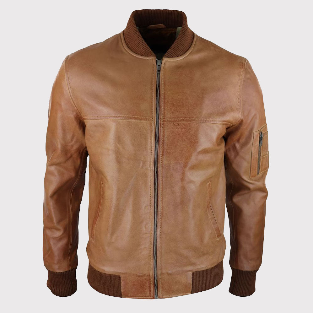 Men's Tan Brown Genuine Leather Bomber Jacket