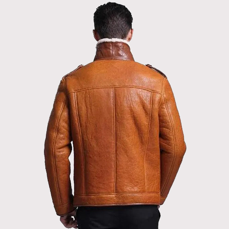 Men's Tan Sheepskin Shearling Pilot Coat - Fur Coat