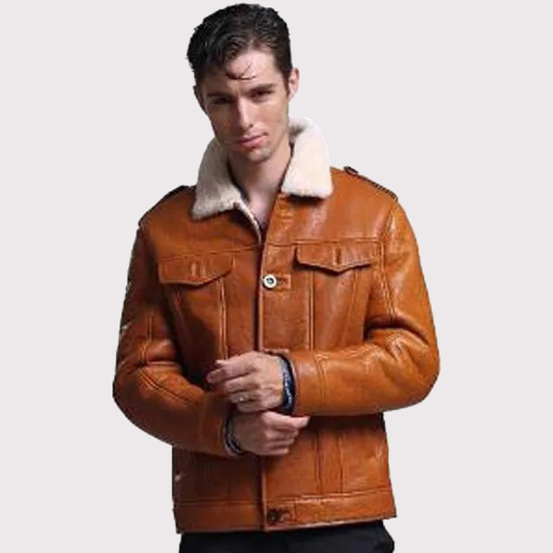 Men's Tan Sheepskin Shearling Pilot Coat - Fur Coat