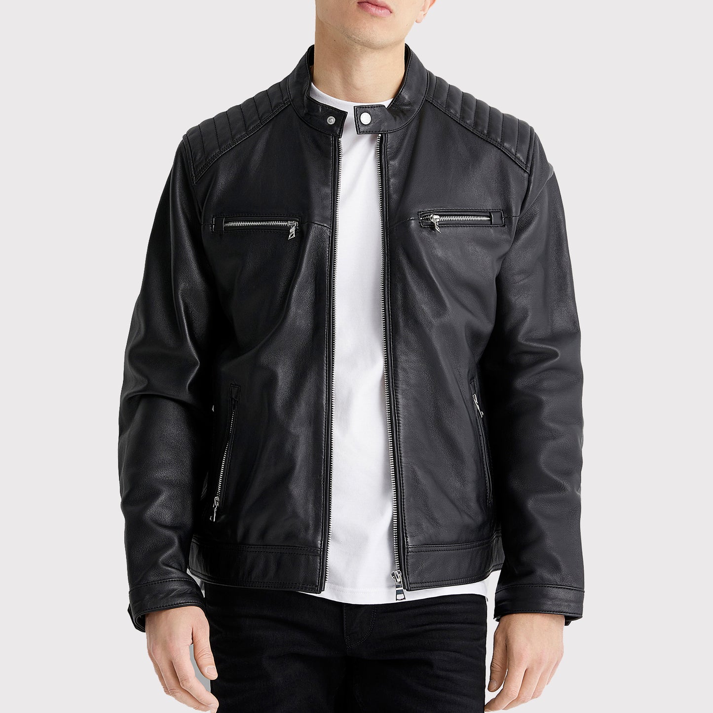 Mens Top Stitched Black Biker Jacket - Black Leather Jacket